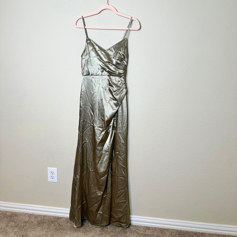 Birdy Grey Catherine Satin Shiny Moss Maxi Dress Ruched Wrap Slit XS Bridesmaid